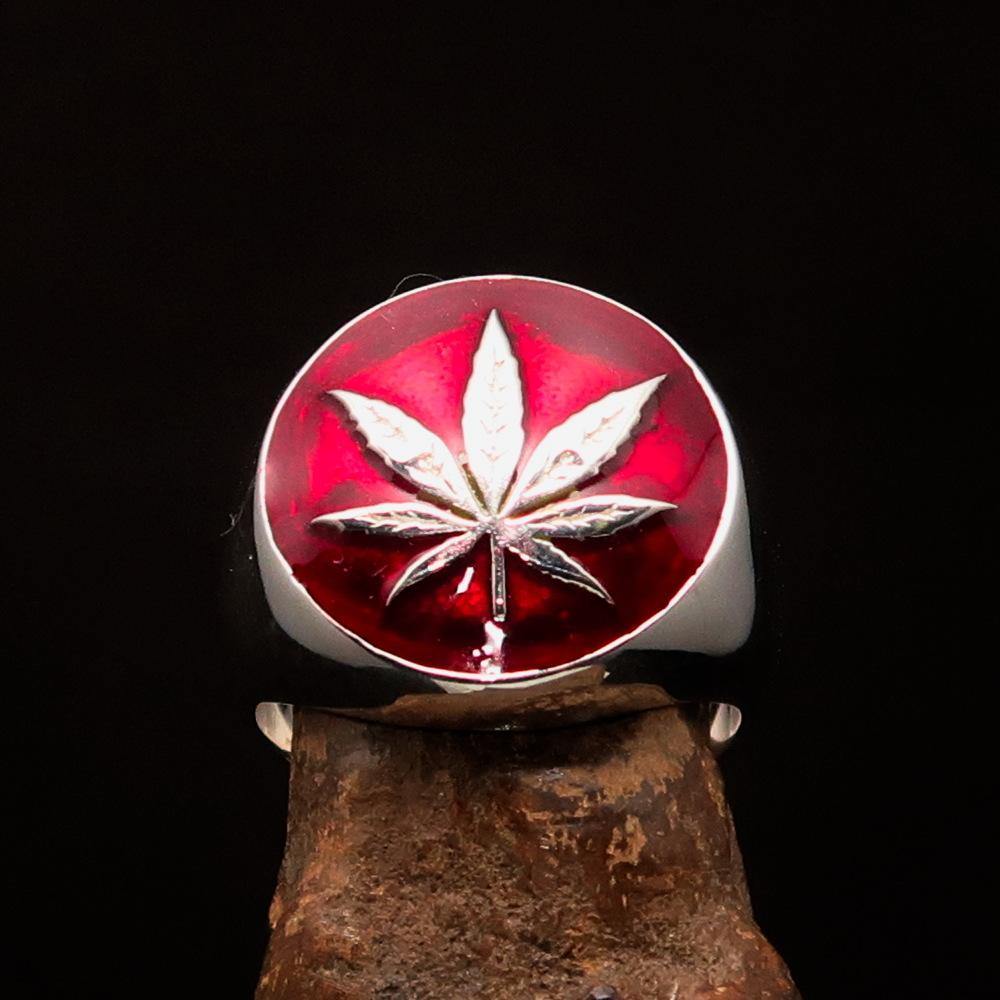 Sterling Silver Men's Ring Marijuana Cannabis Leaf in Red