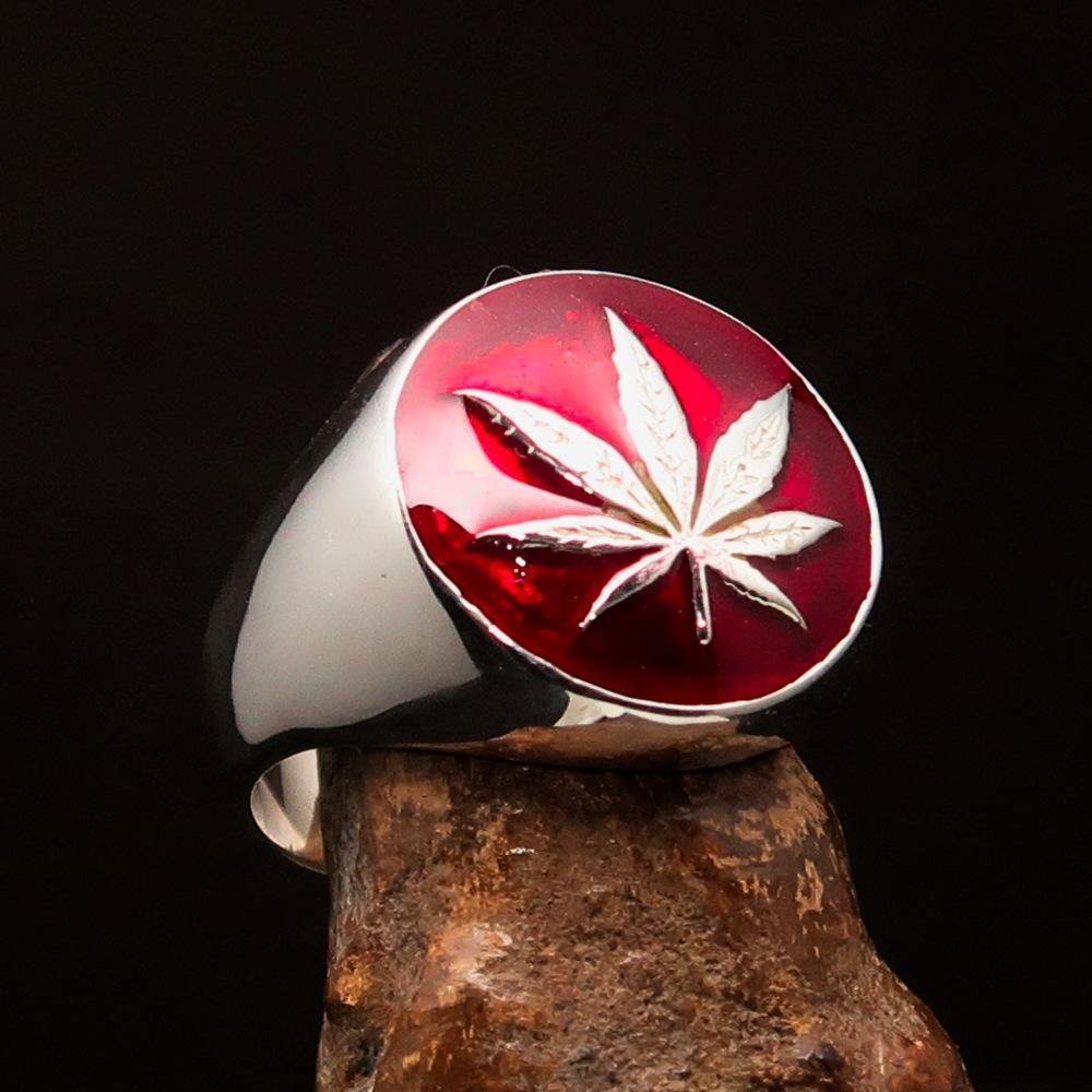 Sterling Silver Men's Ring Marijuana Cannabis Leaf in Red
