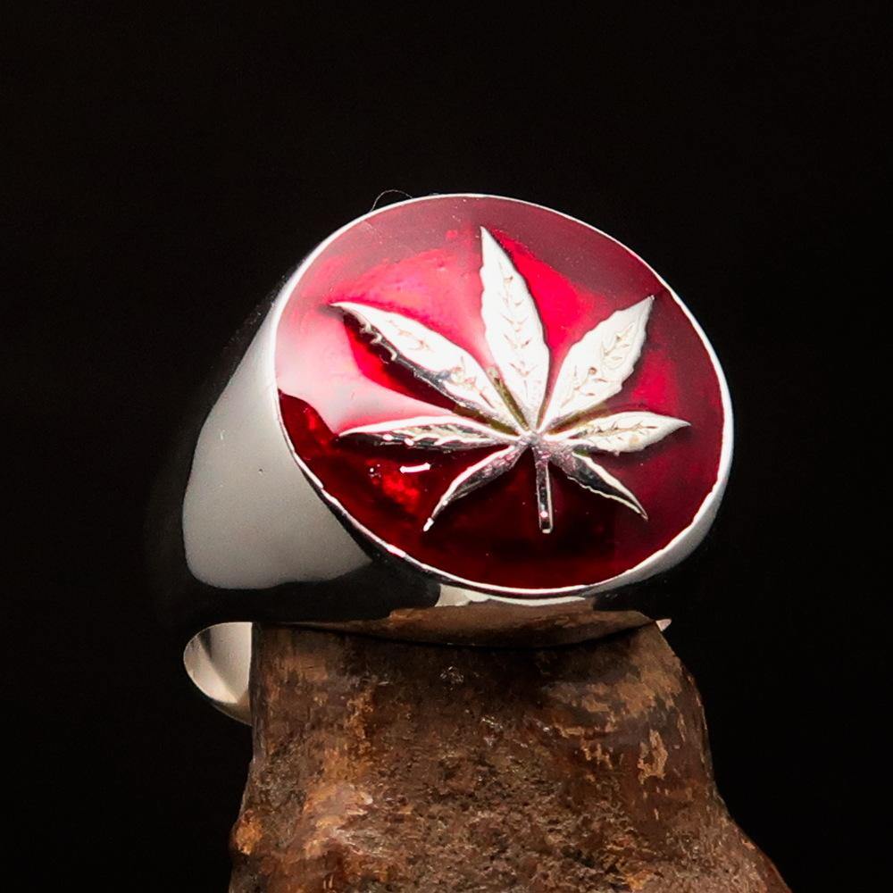 Sterling Silver Men's Ring Marijuana Cannabis Leaf in Red