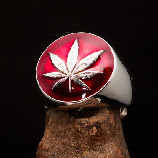 Sterling Silver Men's Ring Marijuana Cannabis Leaf in Red